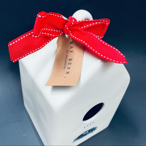 NWT Rae Dunn Rare Stamped Nest HTF Ceramic White Birdhouse Style 150 Red Ribbon - Picture 4 of 10